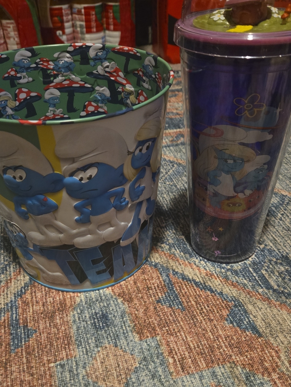 Smurfs Blue Metal Party Popcorn Bucket and Purple Travel Tumbler Set